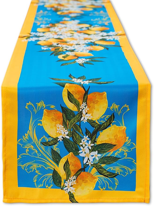YiHomer Provence Blue Lemon Mediterranean Tile Tabletop for Spring Summer Decorations, Picnics and Dinner Parties - Indoor Outdoor, Stain and Water Resistant, Table Runner, 14 x 108
