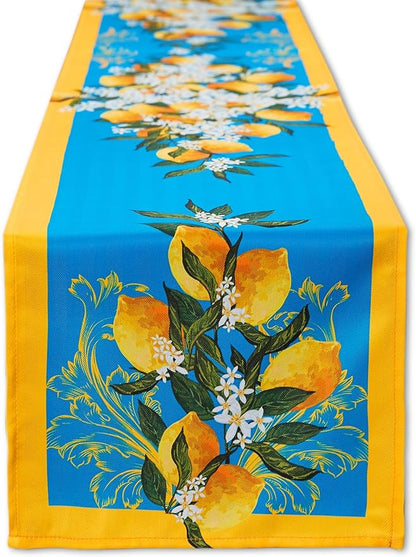 YiHomer Provence Blue Lemon Mediterranean Tile Tabletop for Spring Summer Decorations, Picnics and Dinner Parties - Indoor Outdoor, Stain and Water Resistant, Table Runner, 14 x 108