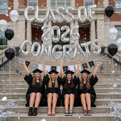 Silver Class of 2026 Congrats Balloons, 2026 Graduation Decorations 16inch Congrats Grad Foil Balloons Banner Sign for Class of 2026 College High School Graduation Prom Party Backdrop Supplies