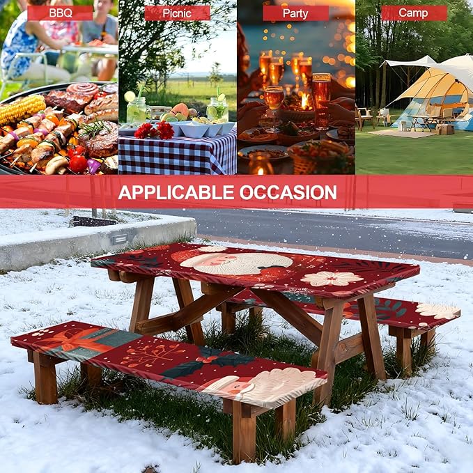 Picnic Table Cover with Bench Covers Set of 3, Elastic Fitted Tablecloth for 6 Foot Tables, Washable Polyester Tablecloths for Camping, Indoor & Outdoor