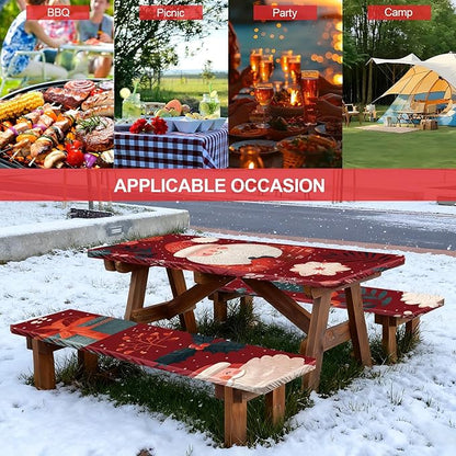 Picnic Table Cover with Bench Covers Set of 3, Elastic Fitted Tablecloth for 6 Foot Tables, Washable Polyester Tablecloths for Camping, Indoor & Outdoor