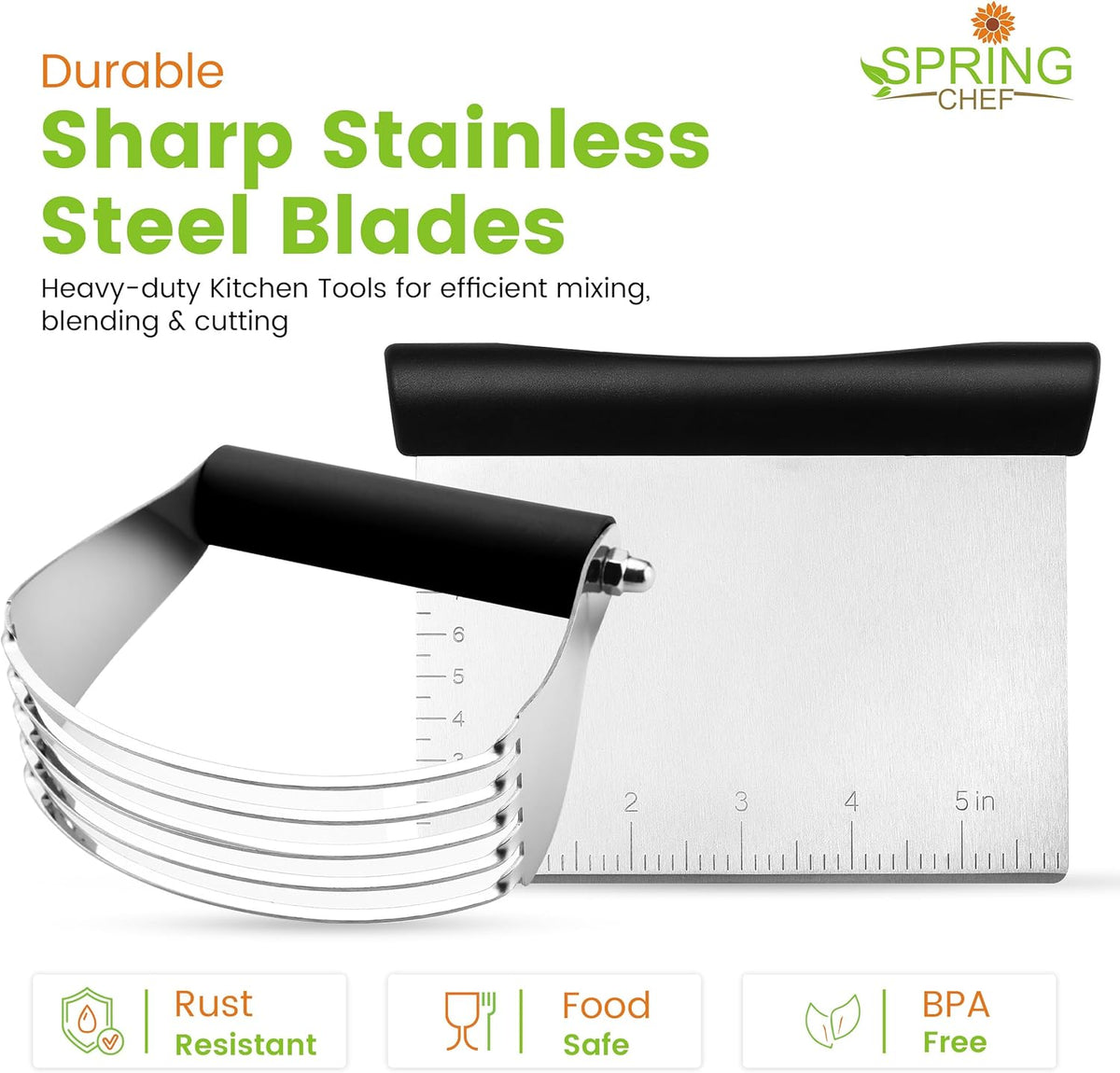 Spring Chef Dough Blender & Pastry Cutter Tool, Stainless Steel Pastry Blender & Bench Scraper for Pizza, Nut, Pie