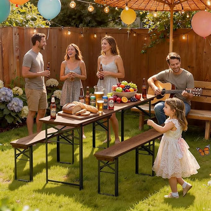 VINGLI 70 Inch Folding Picnic Tables with Benches Set, Weather-Resistant Wooden Beer Garden Table Bench, 3-Piece Portable Fold Up Camping BBQ Table,Walnut Color