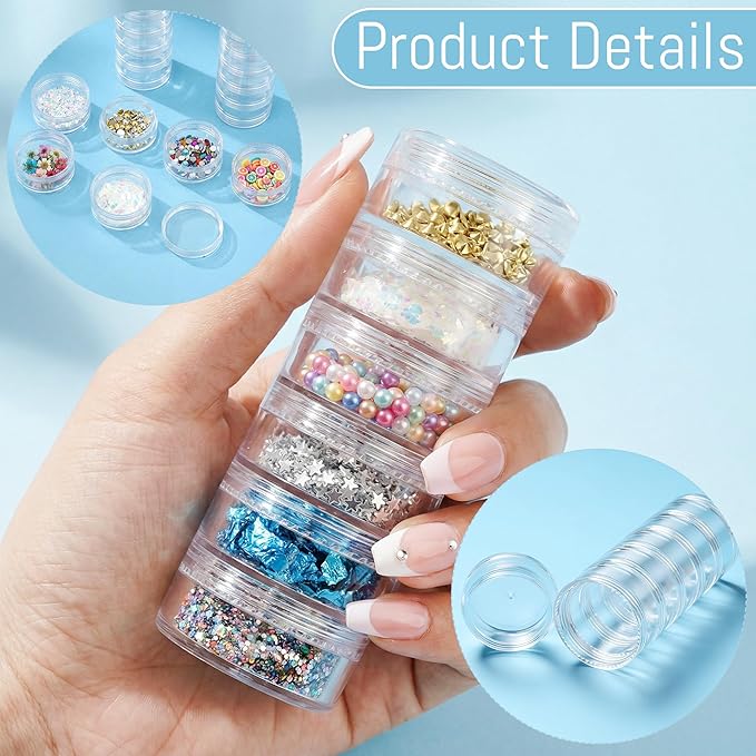 8 Sets 6 Layer Stackable Plastic Containers, 10G/10ML Clear Cosmetic Storage Box Round Organizer Jars for Beads, Buttons, Small Jewelry Findings