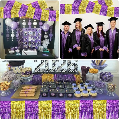 BEISHIDA 3 Packs Metallic Foil Fringe Garland Purple Gold Wall Hanging Tinsel Fringe Banners for Car Floats Bridal Shower Wedding Birthday Graduation Holiday Party Decoration(30 Feet)
