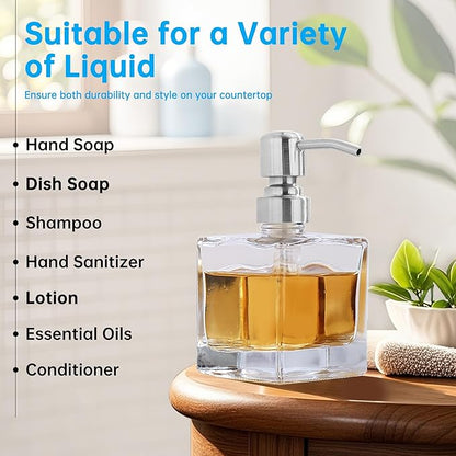 Hand Soap Dispenser Square with Brushed Nickel Pump, 8.4 oz Liquid Clear Glass Soap Dispenser with Stainless Steel Pump for Dish Soap Bathroom Kitchen Vanity Countertop