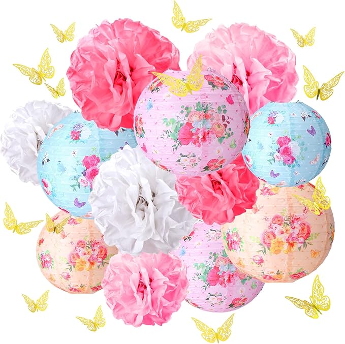 Rossesay 31 Pcs Tea Party Decorations Lanterns and Poms for Spring Fancy Party Decor 9 Flower Lantern 9 Tissue Bloom Poms 12 Butterfly Thread for Tea Garden Floral Birthday Wedding Bridal Shower
