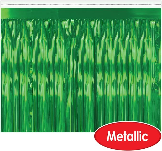 Beistle 2-Ply Metallic Fringe Drape, Shimmering Green Hanging Decorations for Special Events & Saint Patrick’s Day, Shiny Table Decor, 15" x 10'