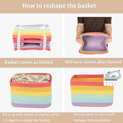 XUANGUO 3-Pack Rainbow Storage Baskets 15X10X9.3“ – Woven Toy Organizer Bins for Kids, Baby Room, Nursery, and Classroom – Cute Square Rope Baskets for Shelves and Organization Rainbow