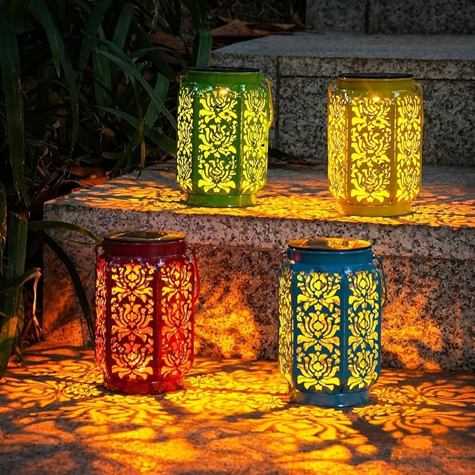 Solar Lanterns Outdoor 4 Pack, Rose Mothers Day Gifts Solar Lanterns IP44 Waterproof Outdoor Lights Garden Decor, 4 Colors LED Hanging Lantern with Handle for Outside Patio Yard Table Fence