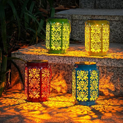 Solar Lanterns Outdoor 4 Pack, Rose Mothers Day Gifts Solar Lanterns IP44 Waterproof Outdoor Lights Garden Decor, 4 Colors LED Hanging Lantern with Handle for Outside Patio Yard Table Fence