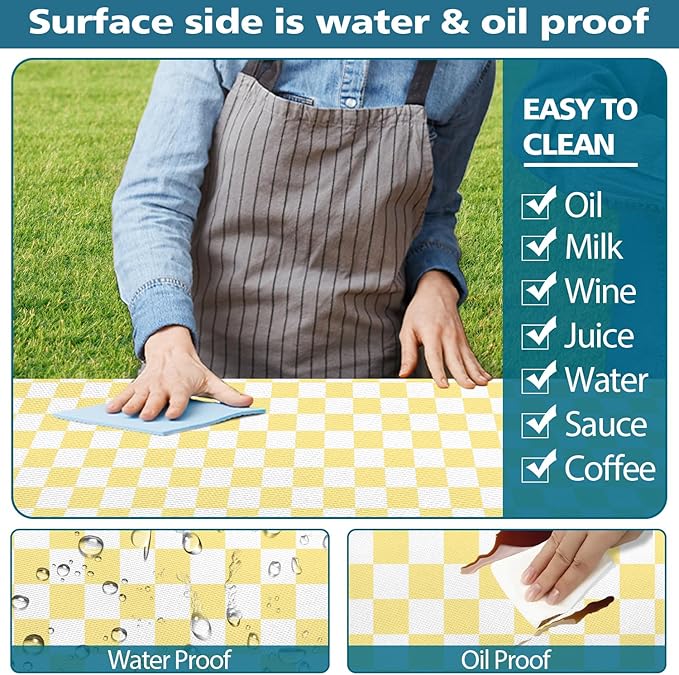 Picnic Table Cover with Bench Covers and Bag, Yellow White Checkered Gingham Buffalo Plaid Camping Tablecloth Waterproof Windproof Elastic Edges Fitted Tablecloths for Outdoor Garden 3PCS 30x60 Inch