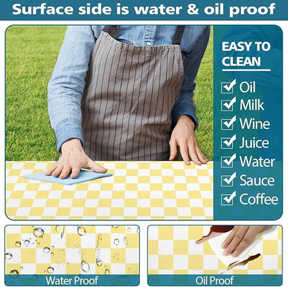 Picnic Table Cover with Bench Covers and Bag, Yellow White Checkered Gingham Buffalo Plaid Camping Tablecloth Waterproof Windproof Elastic Edges Fitted Tablecloths for Outdoor Garden 3PCS 30x60 Inch