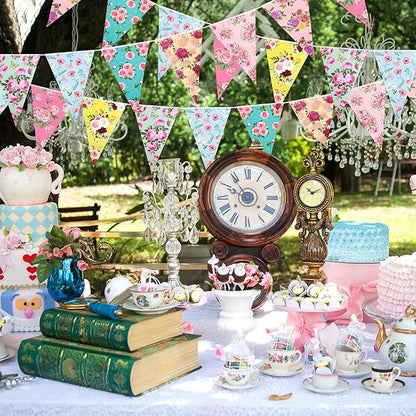 72 Pcs Vintage Floral Paper Bunting Banner Garland Bandana Pennants Outdoor Bunting Banner for Tea Party Decorations Flower Garden Yard Baby Shower Bridal Wedding Party Decorations
