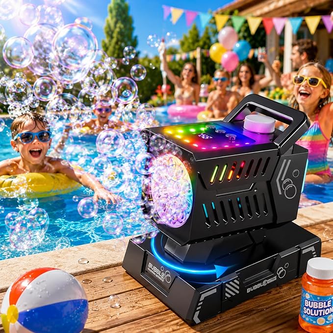 Bubble Machine Remote Control 98ft Range,Auto Rotation & 11 RGB Lights, 1800mAh Rechargeable Battery/USB-C Charging,Top-Fill Portable Bubble Maker for Kids Birthday Party Wedding Pool Outdoor