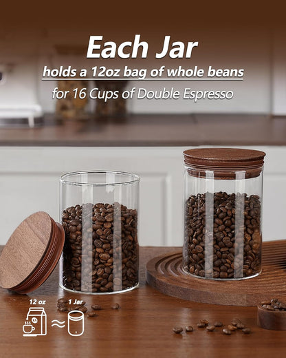 27oz Coffee Canister with Scoop and Wooden Lids, Airtight Coffee Grounds Container Set of 2 for Coffee Bar Organizer