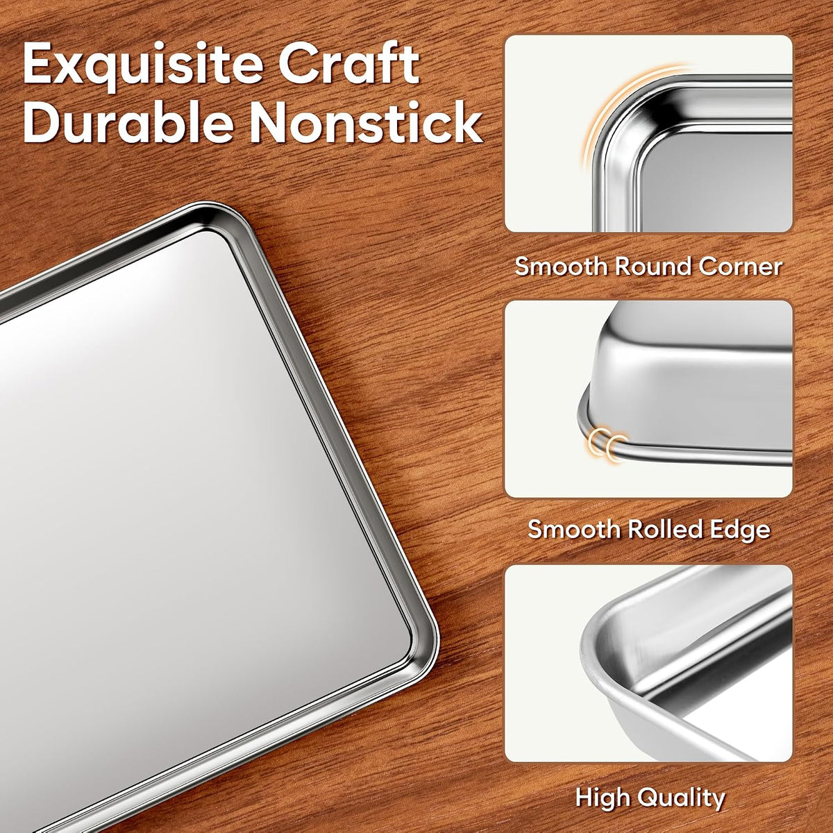 Jelly Roll Pan Set of 2, 15.9” x 12” Stainless Steel Cookie Sheets for Baking, Non Stick Baking Sheets for Oven Heavy Duty Baking Trays