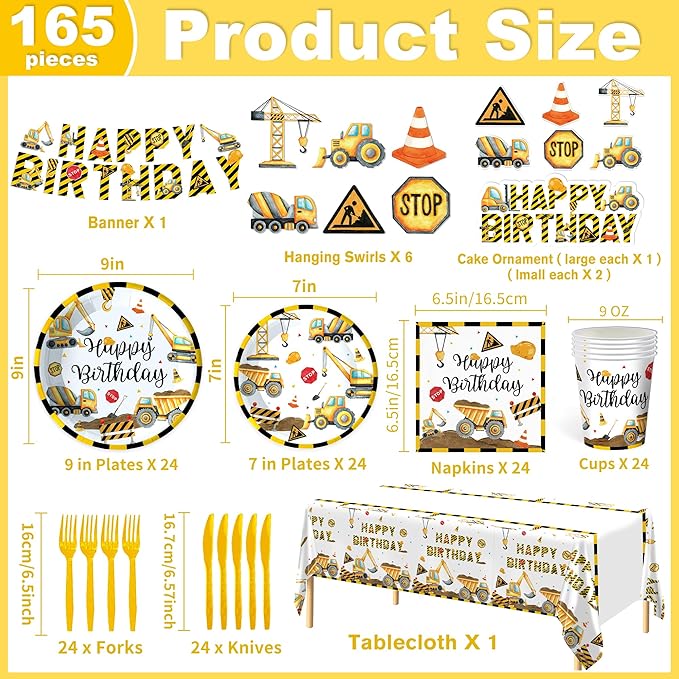 Construction Birthday Party Supplies Construction Party Decorations Includes Plates Napkins Cups Hanging Swirl Banner Tablecloth and Cake Toppers For Construction Theme Birthday Decorations