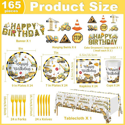 Construction Birthday Party Supplies Construction Party Decorations Includes Plates Napkins Cups Hanging Swirl Banner Tablecloth and Cake Toppers For Construction Theme Birthday Decorations