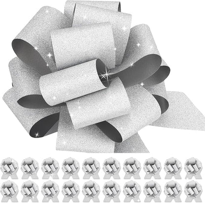 20 pcs Silver Pull Bow for Gift Basket Wrapping Xmas Gift Bows Presents Adhesive Wrap Ribbon Bow for Christmas Tree Ornament Wine Bottles Bouquet Flower Valentine's Day Party Decor (Silver-L)