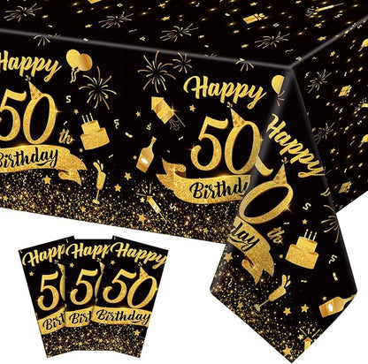 NatNarr 3 Pack 50th Birthday Plastic Tablecloth, 54x108 Inch Black Gold Disposable Rectangle Table Cover Waterproof Table Cloth for Birthday 50 Anniversary Party Supplies