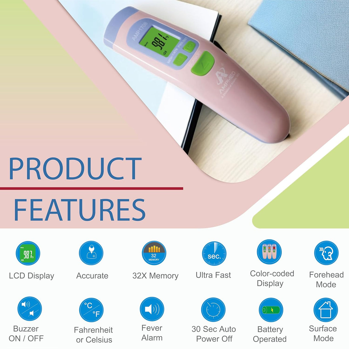 Amplim Non-Contact Forehead Thermometer for Adults, Kids & Infants, Ampmed No-Touch Medical Grade Temporal Fever Thermometer with Case