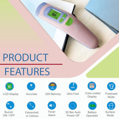 Amplim Non-Contact Forehead Thermometer for Adults, Kids & Infants, Ampmed No-Touch Medical Grade Temporal Fever Thermometer with Case