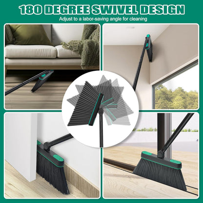 JEHONN Broom and Dust Pan, Upgraded Large Foldable Dustpan with Comb Teeth, 53.5 inches Long Handle Swivel Brush Indoor for Home Kitchen Lobby Floor Cleaning (Green)