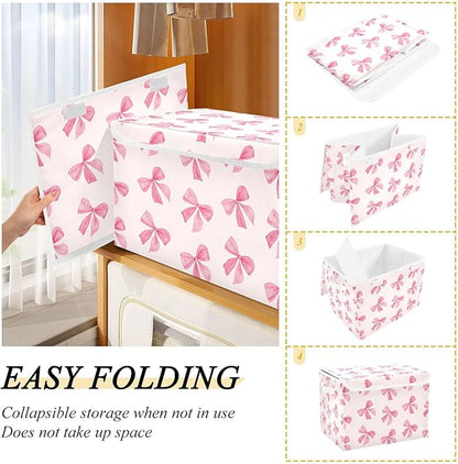 Pink Bow Storage Bins with Lids and Carrying Handle,Foldable Storage Boxes Organizer Containers Baskets Cube with Cover for Home Bedroom Closet Office