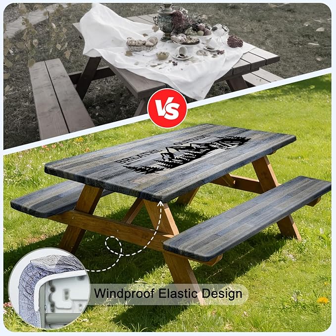 Picnic Table Cover with Bench Covers Windproof Waterproof Picnic Table Covers Camping Tablecloth with Self-Storage Bag, 72in, Gray Blue