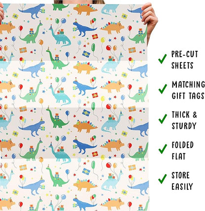 CENTRAL 23 Dinosaur Wrapping Paper Birthday Boy - 6 Sheets Dino Gift Wrap For Children - Dino Birthday Party - Kids Wrapping Paper - Comes With Stickers
