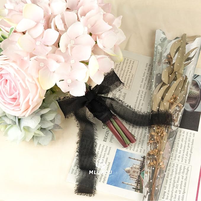 Black Chiffon Ribbon - 1 Inch x 21 Yards, Handmade Fringe, Silk, Boho Frayed, Wedding Invitation, Bridal Flower Bouquets, Floral Arrangement, Gift Wrapping