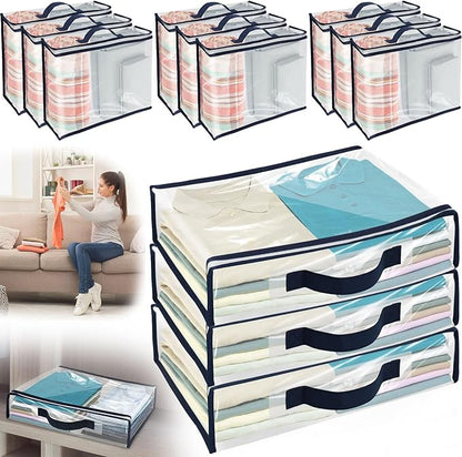 12 Pack Clear Storage Bags with Zipper,12L Plastic Blanket Storage Bags Waterproof Moving Bags Foldable Closet Organizer Handle for Clothing Bedding Linen Sweater Bed Sheet Clothes,15.7x11.8x3.9 Inch