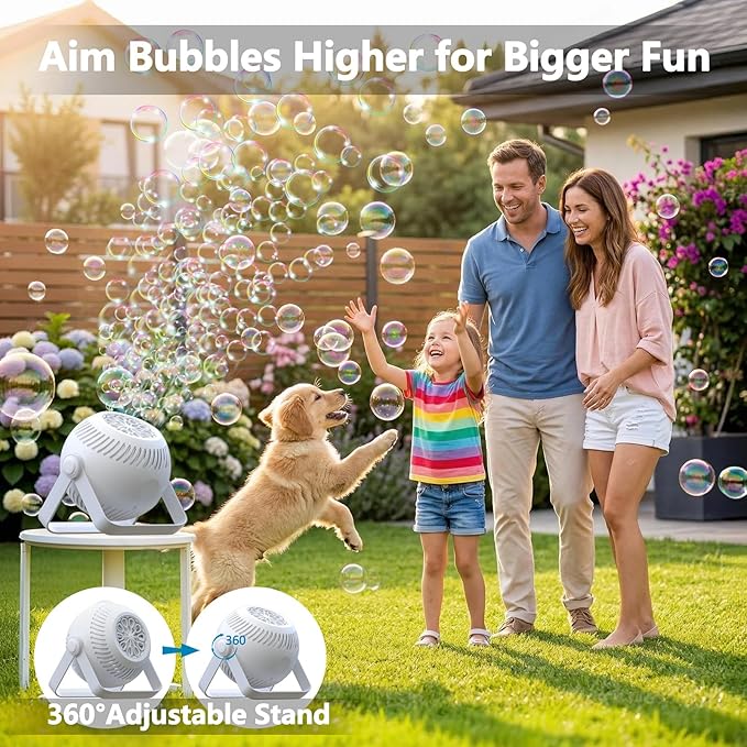 2026 Bubble Machine, 20000+ Bubbles Rechargeable Bubble Maker, Automatic Bubble Blower with Lights & 360° Adjustable Angle, Outdoor Bubble Toys Gifts for Kids, Birthday Parties, Backyard, Wedding
