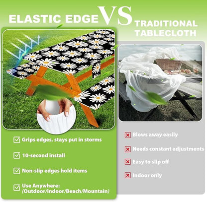 Fitted Picnic Table Cover with Bench Covers, Windproof Vinyl Table Cloths Outside Camping Cooking Backyard Furniture Seat Cushion Tablecloth Activities Party Decor Decorations Para Acampar Equipment