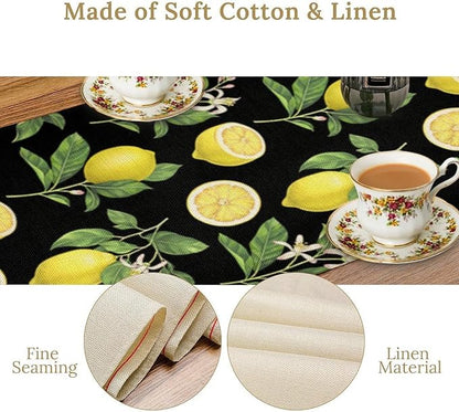 Watercolor Lemon Table Runner, Spring Summer Seasonal Green Leaves Flowers Yellow Fruits Print Table Runner for Farmhouse Kitchen Dining Table Home Party Indoor Decor 13x120in