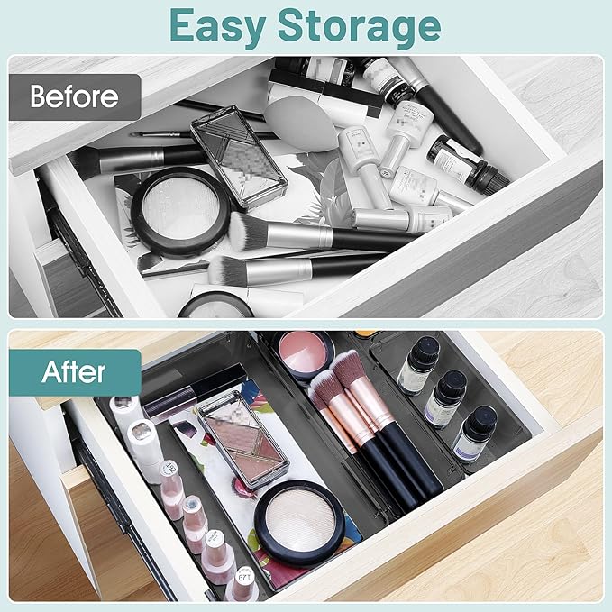 WOWBOX 25 PCS Plastic Drawer Organizer Set, Desk Drawer Divider Organizers and Storage Bins for Makeup, Jewelry, Gadgets for Kitchen, Bedroom, Bathroom, Office, Black