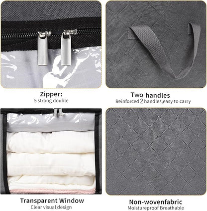 BiCINE 8 Pack Clothes Storage Bags with Zipper, 45L Foldable Blanket Storage Bag with Clear Window Sturdy Handles for Closet, Dorm, Pillows, Bedding, Sheet, Comforter, Gray