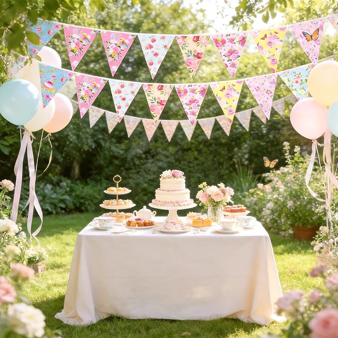 G2PLUS Floral Tea Party Banner, 39Ft Pre-Strung Flower Bunting Garland, Double Sided Paper Pennant Banner Garland for Birthday, Baby Shower, Bridal Shower, Garden, Spring Party Decor (Pink)