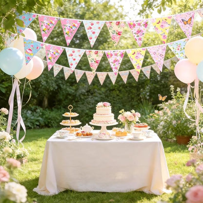 G2PLUS Floral Tea Party Banner, 39Ft Pre-Strung Flower Bunting Garland, Double Sided Paper Pennant Banner Garland for Birthday, Baby Shower, Bridal Shower, Garden, Spring Party Decor (Pink)