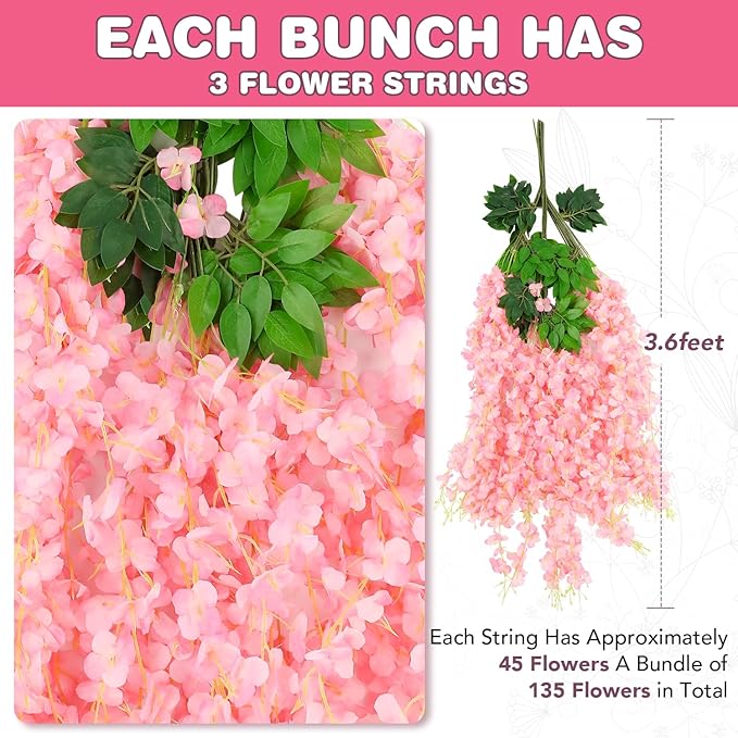 Alotiki Wisteria Hanging Flowers,Fake Hanging Flowers,Wisteria artificiales Garland for Home Wedding Arch Floral Party Garden Ceremony Outdoor Decor,3.6 feet Long(25,Pink)