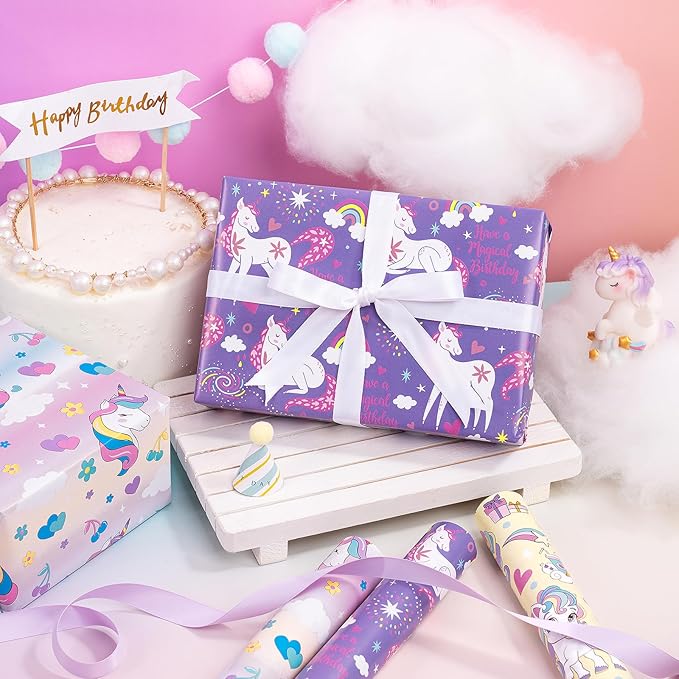 WRAPAHOLIC Unicorn Birthday Wrapping Paper Roll - 3 Short Roll - Rainbow Unicorn Wrapping Paper for Kids Boys Girls Birthday, Baby Shower - 17 Inch x 120 Inch Per roll