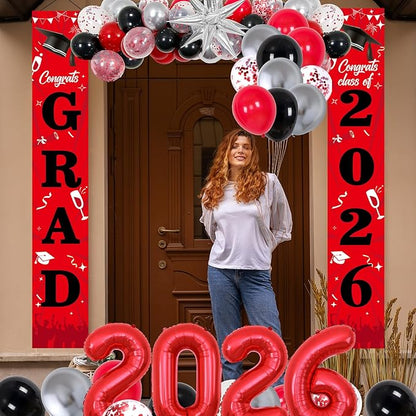 Graduation Decorations 2026, Red and Black Grad Decorations Class of 2026, Graduation Party Decorations with Congrats GRAD 2026 Banner Tablecover Balloons for High School Senior Nurse College