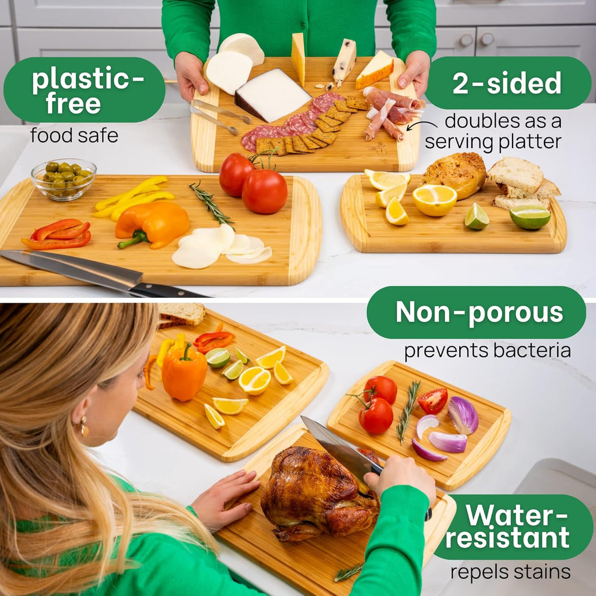 FSC® Certified Extra Large Bamboo Cutting Board Set, Organic Wood Cutting Boards for Kitchen with 67% Larger Surface