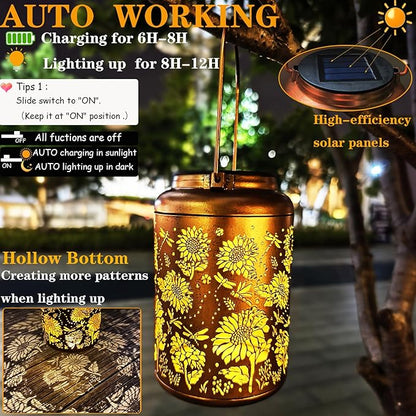 Merrytech Birthday Gifts for Women Mom Grandma Ideas,Solar Lanterns Outdoor Waterproof,Dragonfly & Sunflower Hanging Metal Garden Decor Art Lights,Decorative Solar Powered Lantern for Patio Yard Porch