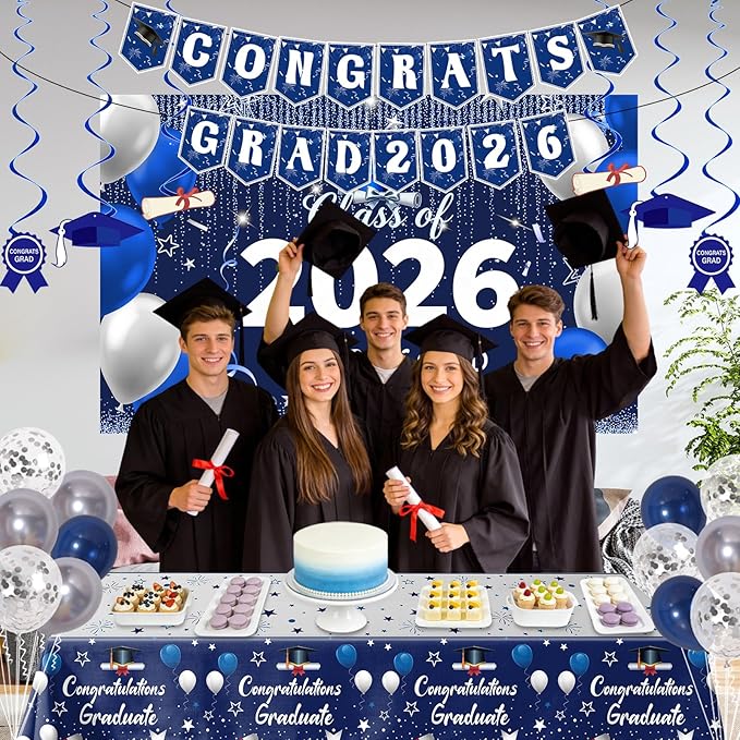 Graduation Decorations 2026, Graduation Decorations Class of 2026 Blue and Silver Congrats Grad Backdrop Tablecloths Banner Balloons for Graduation Party Decorations 2026 Graduation Decor