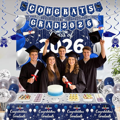Graduation Decorations 2026, Graduation Decorations Class of 2026 Blue and Silver Congrats Grad Backdrop Tablecloths Banner Balloons for Graduation Party Decorations 2026 Graduation Decor