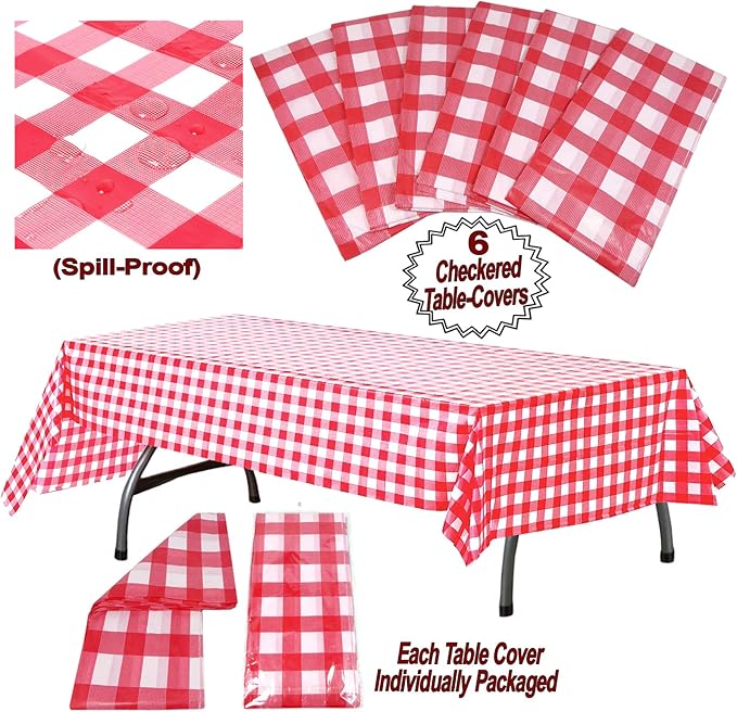 AnapoliZ Plastic Checkered Tablecloth | 6 Pcs Pack - 54” Wide x 108” Long | Red and White Picnic Disposable Table Cover | Rectangular Gingham Tablecover for Birthdays, Carnivals, Parties