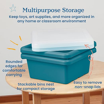 ECR4Kids Stackable Square Bins with Non-Snap Lids, Multipurpose Organization, Turquoise, 2-Pack