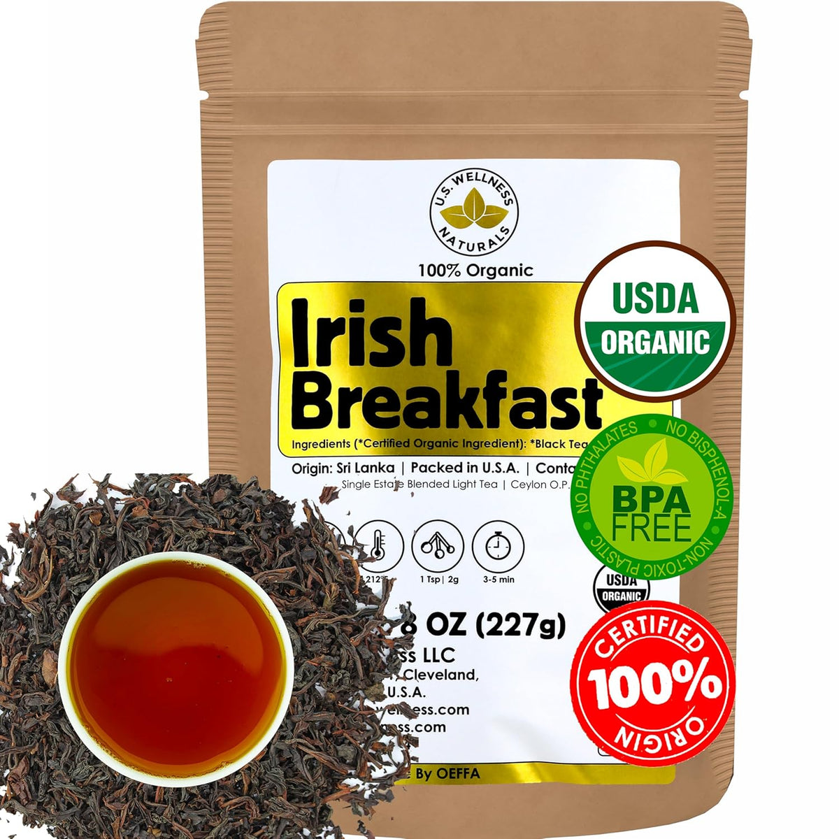 U.S. Wellness Naturals Irish Breakfast Tea, Smooth, Rich & WELL-ROUNDED loose leaf tea, 110+ cups, 8oz, 100% Organic Ceylon (2 Estate Blend)